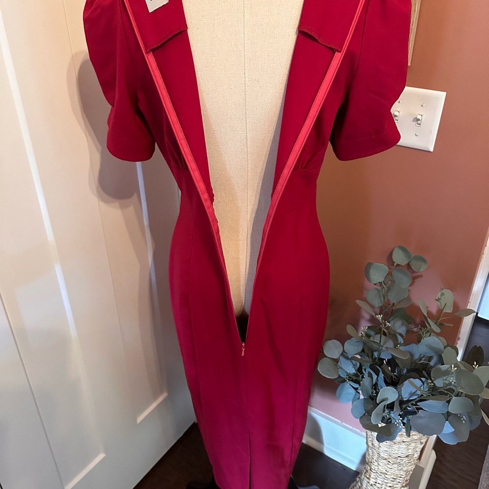 ASOS cranberry fitted puff sleeves back zipper back slit 8 midi pleats dress - Picture 9 of 14